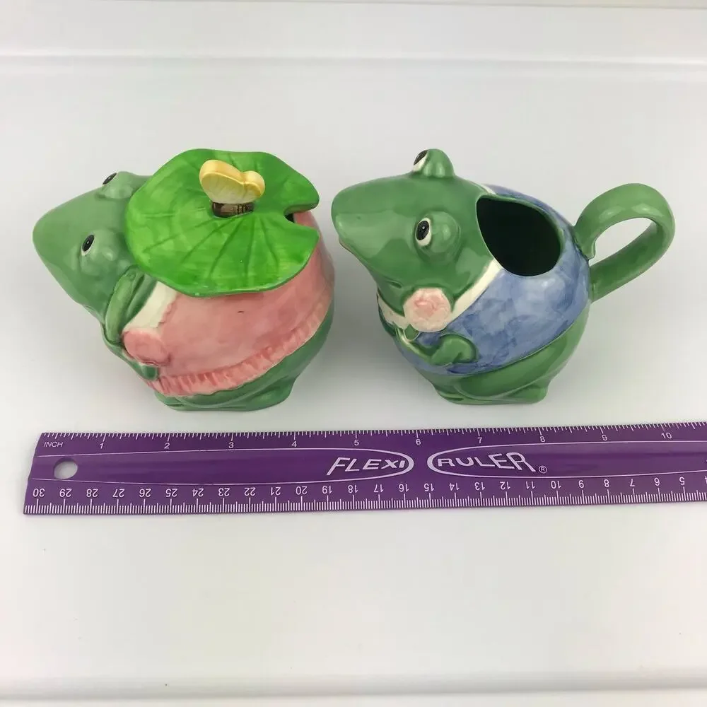 Mary Ann Baker Mr Mrs Frog Creamer Sugar Bowl w Lid Hand Painted Otagiri Japan